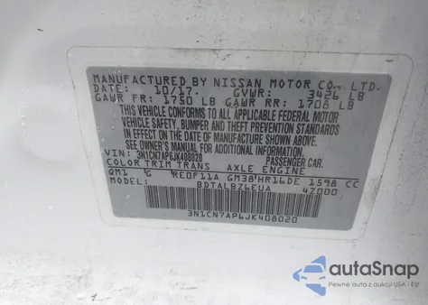 2018 Nissan Versa 1.6 Sv z USA, uszkodzony, nr VIN 3N1CN7AP6JK408020